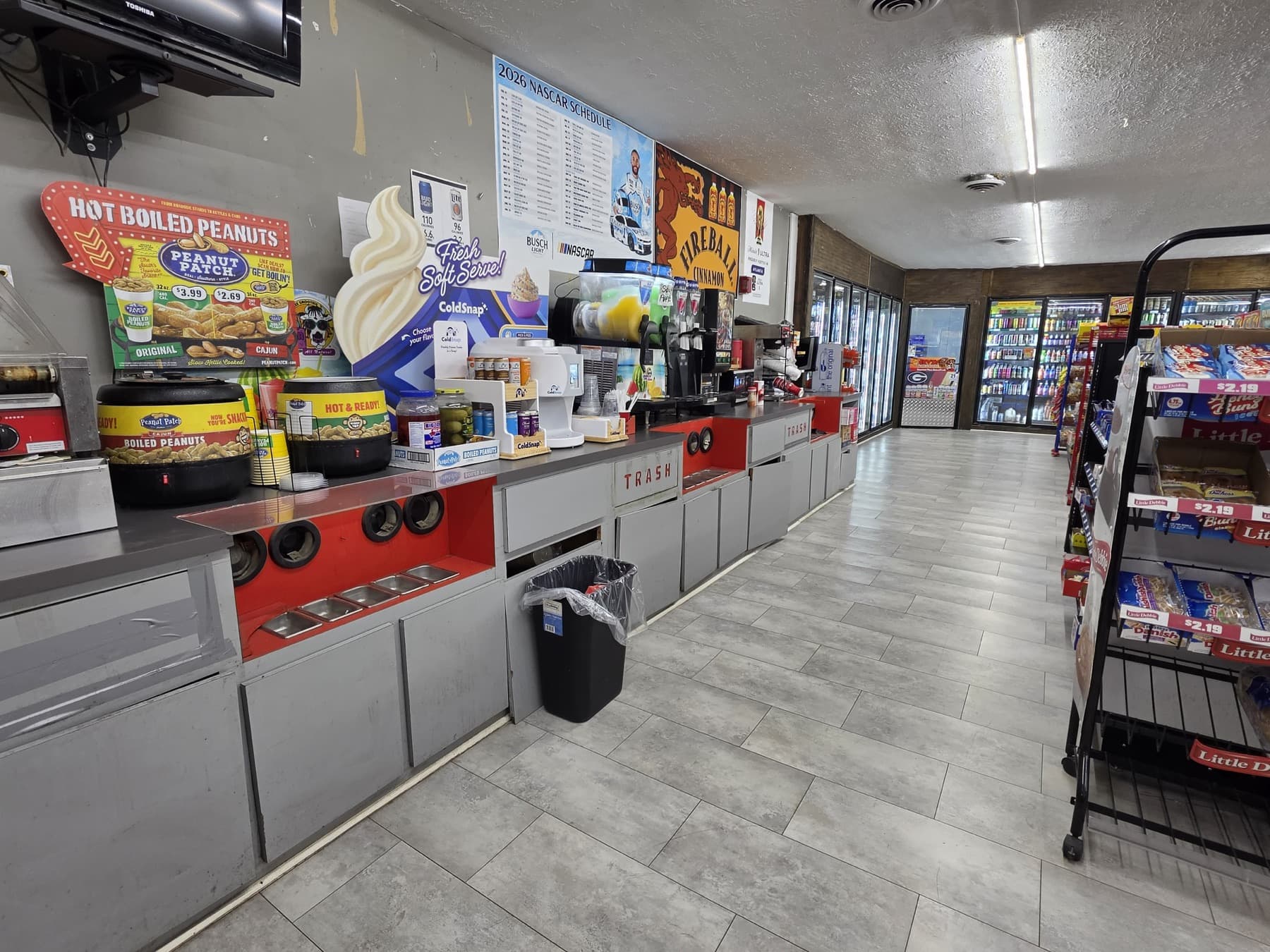 Inside the store: hot boiled peanuts, fresh soft serve and the coffee station
